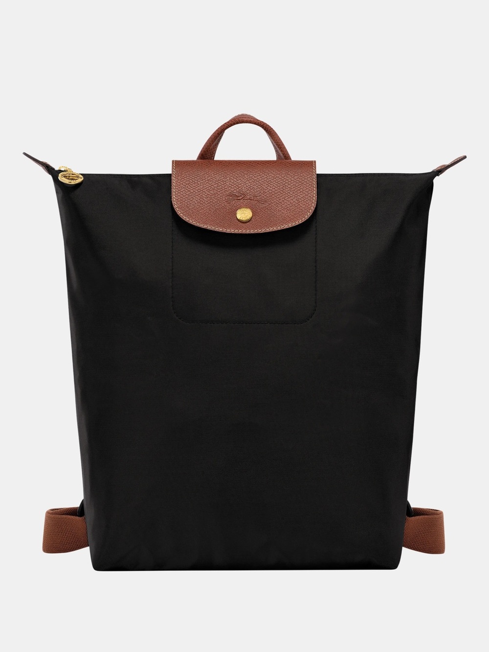 Authentic Longchamp Black Nylon Backpack with Brown Leather Flap